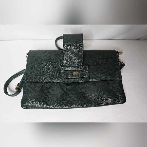 Italian Made Genuine Pebbled Leather Crossbody Purse Dark Green Buckle Flap - Picture 11 of 14